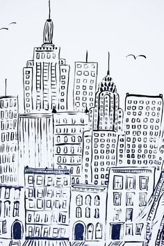 a black and white drawing of city buildings