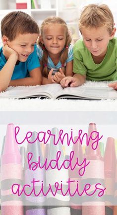 three children are laying on the floor and looking at an open book that says learning buddy activities