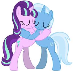 two little ponys hugging each other with their heads touching one another's chest