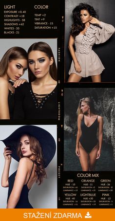 four different photos of women in swimsuits and hats, all with their names on them