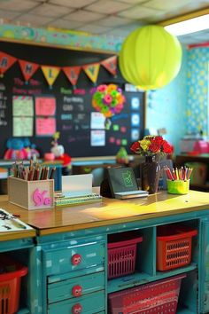 a desk with baskets and pencils on it