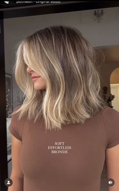 Long Brown Hair To Short Blonde Hair, Medium Length Brown And Blonde Hair, Subtle Balyage Short Hair, Blonde With Dimension Balayage, Hair Salon Outfits Summer, Loved In Balayage, Long Bob Hairstyles Blonde Balayage, Celebrity Mid Length Hair, Fall Blonde Shoulder Length Hair