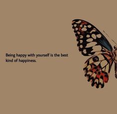 a butterfly flying in the air with a quote on it's back side that says, being happy with yourself is the best kind of happiness