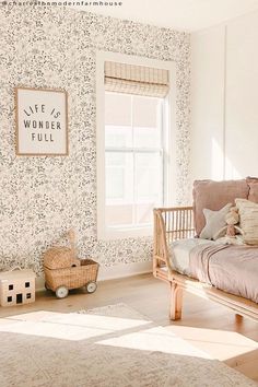 a small child's bedroom with floral wallpaper and wooden bed frame in the corner