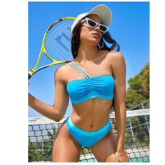 Newt Bikini Color Block Desing Swimsuit. 2 Pieces 2 Blue Tones. Top Have Pads Light Blue Sports Swimwear, Light Blue Sports Beachwear, Blue Bandeau Tankini For Poolside, Blue Bandeau Swimwear For Summer, Blue Bandeau Tankini Beachwear, Newt, Blue Tones, Women Swimsuits, Matching Sets