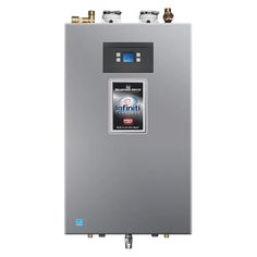 a tank type water heater with thermostaer on it's side