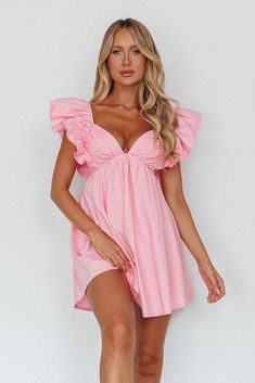 Marlina Ruffle Sleeve Babydoll Mini Dress Soft Pink Babydoll Hoco Dress, Short Light Pink Dress, Pink Birthday Dresses, Cute Pink Dresses, Casual Pink Dress, Pink Beach Dress, Light Pink Dresses, Pink Beach Dresses, Mini Pink Dress