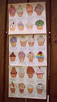 two posters with different types of cupcakes hanging on a wooden fence next to each other