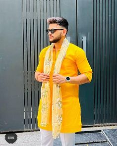 Here's a  --- **Wedding Kurta for Men - Dark Yellow** **Product Description Elevate your ethnic style with this men's kurta, perfect for weddings and special occasions. Crafted from a luxurious cotton-silk blend, this kurta is designed for comfort and elegance. The full-sleeved, mustard yellow kurta has a length of 40 inches and is ideal for creating a standout look when paired with traditional footwear like mojari. **Key Features - **Material 100% Cotton - **Color Dark Yellow - **Kurta Length 4 Haldi Kurta For Men Yellow, Yellow Dabka Unstitched Suit For Wedding, Yellow Kurta For Wedding And Eid, Yellow Sherwani For Eid Puja, Yellow Sherwani For Puja And Eid, Yellow Churidar With Gota Work For Puja, Unstitched Yellow Kurta For Wedding, Yellow Dabka Salwar Kameez For Puja, Yellow Churidar With Chikankari Embroidery For Wedding