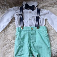 Adorable Outfit With Detachable Bow Tie. Perfect For A First Easter Or A Spring Wedding! No Tags But Never Worn. Suspenders Also Detachable For Multiple Wear Options. Blue Jean Romper, Anchor Clothes, Ivy Girl, Crown And Ivy, Jogging Outfit, Semi Formal Outfit, 2 Piece Short Set, Check Dress Shirt, Girls Crown