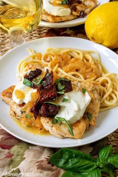 a plate with chicken, noodles and sauce on it that says copycat caraba's chicken bray