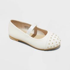 Spruce up your little one's shoe selection with these Ivy Slip-On Ballet Flats from Cat & Jack™. These shoes boast a white faux-leather upper embellished with gold nailheads on the front toe, making them perfect for any occasion from playdates to parties. Featuring an elasticized instep strap, the ballet flats with a round toe are a versatile addition to their wardrobe. Cat & Jack™: Designed for all children so you can trust it's made for yours. Gold Nail, The Ballet, Rubber Shoes, Mary Jane Flats, Girls Toddler, Cat & Jack, Western Boots, Toddler Outfits, Kid Shoes