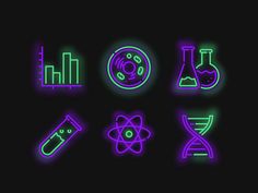 neon glowing science icons on a black background