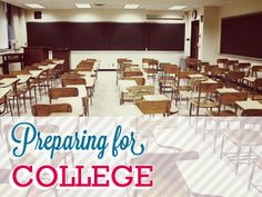 an empty classroom with desks and chairs in front of a chalkboard that says preparing for college