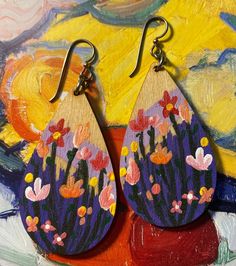 "Hand painted, lightweight, wooden earrings with Niobium metal (hypo allergenic) hooks. Purples, oranges, pinks, with 2\" teardrop shape." Wooden Handpainted Earrings, Multicolor Teardrop Earrings For Spring, Spring Multicolor Teardrop Earrings, Spring Teardrop Earrings, Spring Teardrop Earrings As A Gift, Gel Art, Painted Earrings, Art Earrings, Upcycle Projects