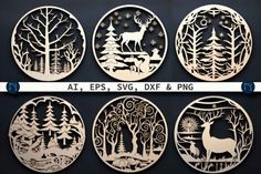 six laser cut christmas ornaments with deers and trees