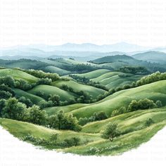 a painting of green hills and trees