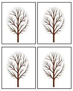 four different types of trees with no leaves on them, all in brown and white