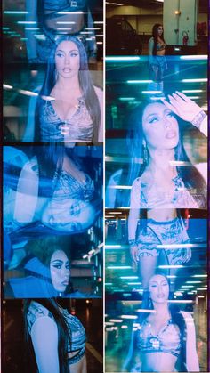 four different pictures of a woman with long hair and blue light in the background,