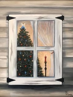 a painting of a christmas tree in front of a window with a lit candle on it