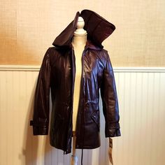 This Jacket Is In Amazing Shape, Vintage Warm Lined Bordeaux Colored Leather Jacket With Tie Cinch Waist And Side Pockets Hooded Purple Outerwear For Fall, Purple Hooded Outerwear For Fall, Vintage Purple Hooded Outerwear, Vintage Purple Outerwear For Outdoor, Fitted Purple Leather Jacket For Fall, Vintage Purple Outerwear For Fall, Leather Jacket With Tie, Colored Leather Jacket, Coloured Leather Jacket