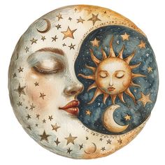 a painting of a woman's face with the sun and moon in her eyes