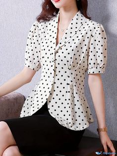 Orcajump - Polka Dot Print Button Front Blouse, Casual Shawl Collar Short Sleeve Blouse For Spring & Summer, Women's Clothing Fall Care, Blouse Casual, Polka Dot Print, Sleeve Detail, Shawl Collar, Dot Print, Short Sleeve Blouse, Shawl, Collar Styles