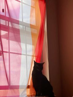 a black cat sitting on top of a window sill next to a red curtain