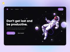 the landing page for an artificial space program is shown in purple and black colors, with a astronaut floating on it's back