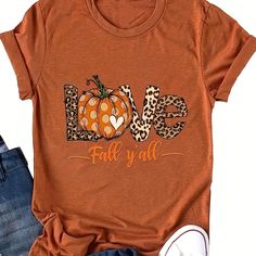 Halloween Light Brown Polyester Shirt For Women Casual, Thanksgiving Shirts For Women, Pumpkin Graphic, Thanksgiving Fashion, Fall Yall, Crewneck Design, Love Fall, Tops Blouse, Thanksgiving Shirt