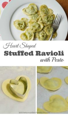 heart shaped stuffed ravioli with pesto on a plate and in the middle, there is a fork next to it