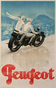 an old poster with two people on a motorcycle