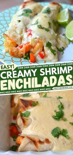 this is an image of creamy shrimp enchiladas with cream sauce and cilantro