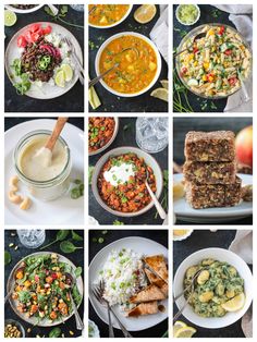 a collage of photos showing different foods and drinks in bowls, including rice, beans, meats, vegetables, soup