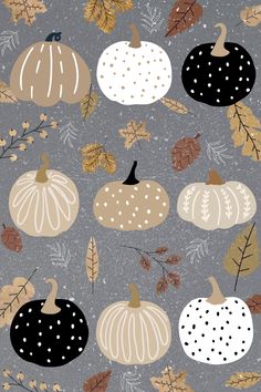 an image of pumpkins and leaves on a gray background with white polka dot dots