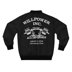 Never say never with this retro powerlifting windbreaker! Try and hide your powerful physique with this full length layer just like real-life legends of "Aron's Gym" did in the 80's & 90's. Looking fashionable has never been easier with this men's jacket with ribbed stand-up collar, elastic cuffs, and elasticized hem. Featuring the classic bomber jacket look, a durable zipper and two pouch pockets. .: Material: 100% polyester .: Full front metal zipper closure .: Two lined welt pockets at front .: Dark blue polyester lining .: Sewn in label .: Seam thread color automatically matched to design .: Blank product sourced from China Fitted Retro Track Jacket For Streetwear, Retro Fitted Track Jacket For Streetwear, Sporty Windbreaker With Graphic Print For Sports, Vintage Track Jacket For Streetwear, Retro Black Hooded Windbreaker, Sporty Windbreaker With Graphic Print, Vintage Crew Neck Track Jacket For Streetwear, Urban Style Sports Windbreaker With Graphic Print, Vintage Crew Neck Track Jacket For Sports