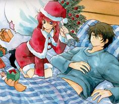 two anime characters laying in bed next to each other with christmas decorations on the wall behind them