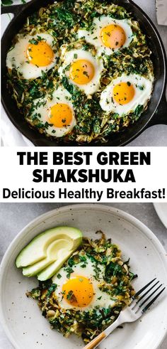 the best green shakshaka recipe with eggs and avocado on top