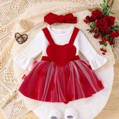 Brand New In Package Cotton/Polyester Cute Red Party Sets, Cute Red Valentine's Day Dress, Baby Girl Valentines Day, Girl Valentines, Girls In Suspenders, Headband Outfit, Suspender Skirt, Ruffle Long Sleeve, Girls Valentines