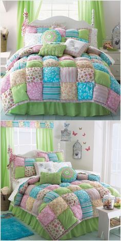 two pictures of a bed with green and pink bedspreads, one in the same color