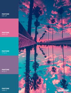 some palm trees are reflected in the water with pink and blue colors on it,