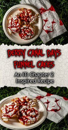 two plates with desserts on them and the words derby canal days funnel cakes an it chapt 2 inspired recipe