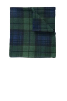 a green and blue plaid blanket on a white background