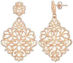 Elegant Rose Gold Jewelry With Intricate Design, Elegant Filigree Chandelier Earrings, Elegant Rose Gold Filigree Earrings, Ornate Rose Gold Jewelry With Intricate Design, Formal Rose Gold Chandelier Earrings For Pierced Ears, Elegant Filigree Chandelier Earrings For Formal Occasions, Ornate Rose Gold Filigree Jewelry, Rose Gold Filigree Dangle Jewelry, Elegant Earrings With Intricate Design