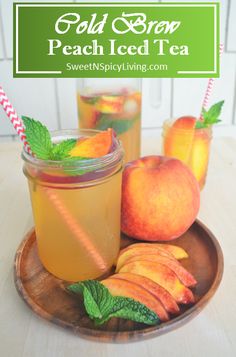 peach iced tea on a plate with sliced peaches