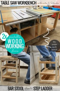 a man working on a workbench with the words how to build a table saw workbench