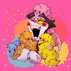 a group of cartoon characters sitting on top of each other in front of a pink background