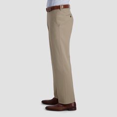 This Premium Stretch Classic Fit Flat Front Dress Pant features Haggar's famous Hidden Comfort™ waistband that flexes 3 inches. The comfort of 4-way EXS makes this the best choice no matter the occasion when you want to look and feel your best. Not to mention, the sustainability of recycled fibers will have you feeling great about your selection of dress pants. Fitted Khaki Dress Pants With Welt Pockets, Tan Dress Pants Men, Mens Dress Pants Brown, Brown Fitted Full-length Chinos, Cheap Full-length Men's Dress Pants, Fitted Dress Pants, Target Clothes, Perfect Pant, Fun Pants