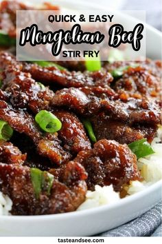 meat and rice in a white bowl with the words quick & easy malaysian beef stir fry