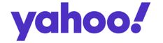 the yahoo logo is shown in purple on a white background with words yahoo below it